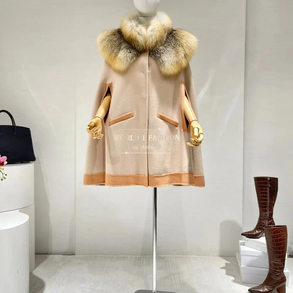 

2025 New High Quality Khaki Fox Fur Long Sleeve Cloak Jacket Tops