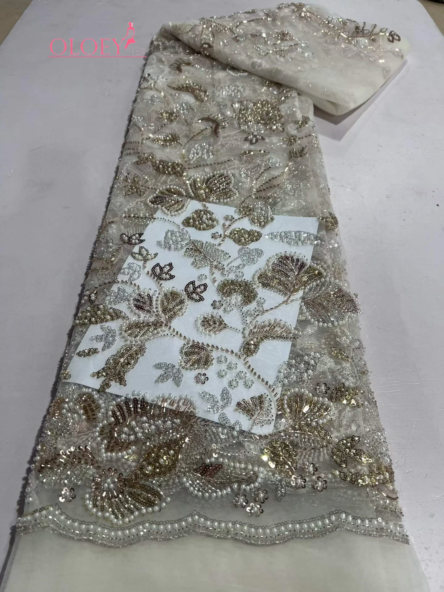 

OLOEY Hot New African Beaded Lace Fabric 5 yards Luxury French Sequins Embroidery Mesh Lace Fabric Ladies Wedding Party Dresses