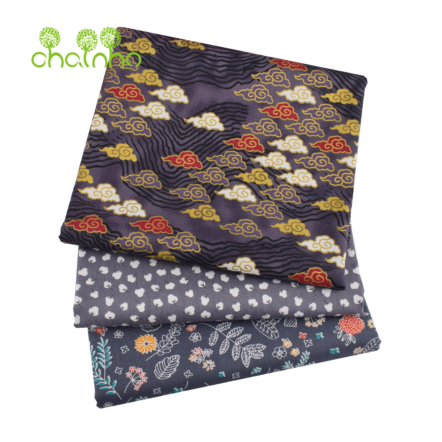 Chainho,Printed Twill Cotton Fabric,Patchwork Cloth,DIY Sewing Quilting Material,Classic Gray Floral Designs,3 Sizes,J15C09