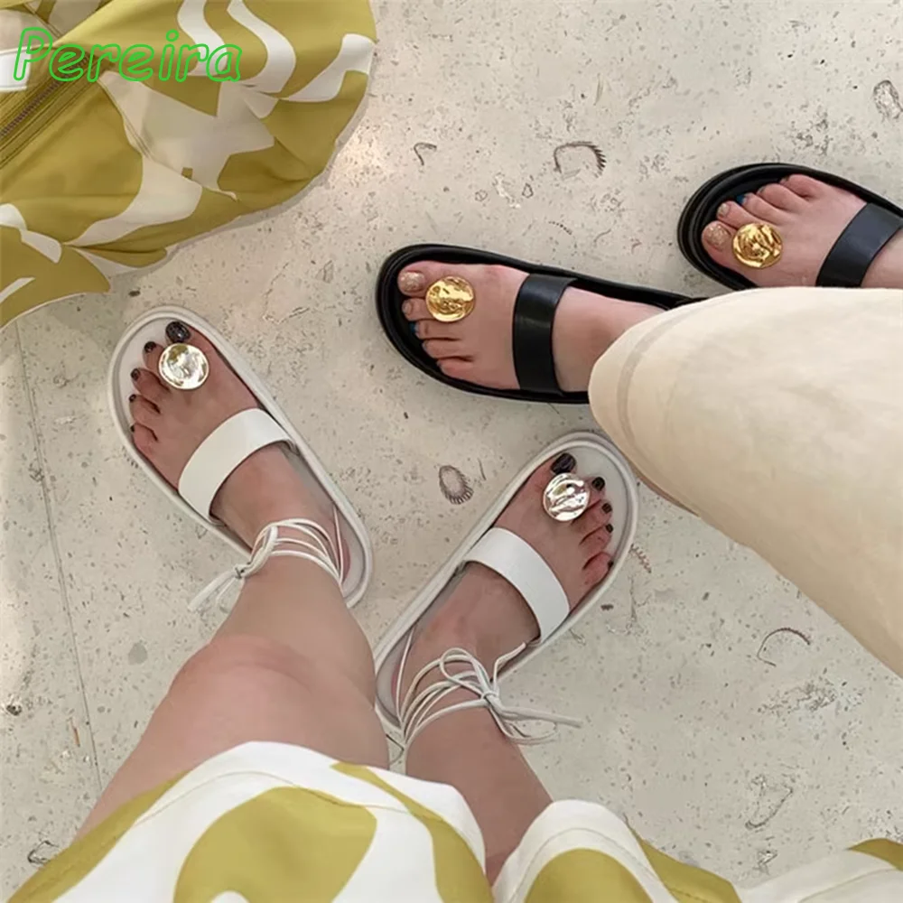 Fashion New Clip Toe Flat With Sandals Metal Ball Decor Lace-up Thick Sole Sexy Roman Women Shoes Beach Summer 2024 Black Solid