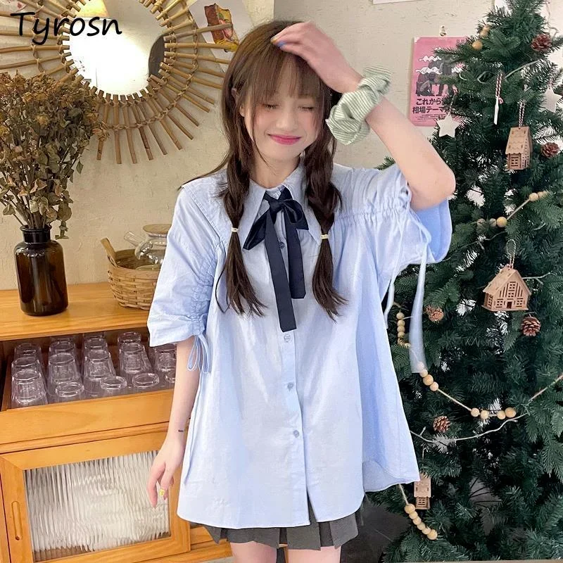 

Shirts Women Solid Blue All-match Design Sailor Collar Top Shirring Belt Summer Sweet Single Breasted Short Sleeve Blouses Girls