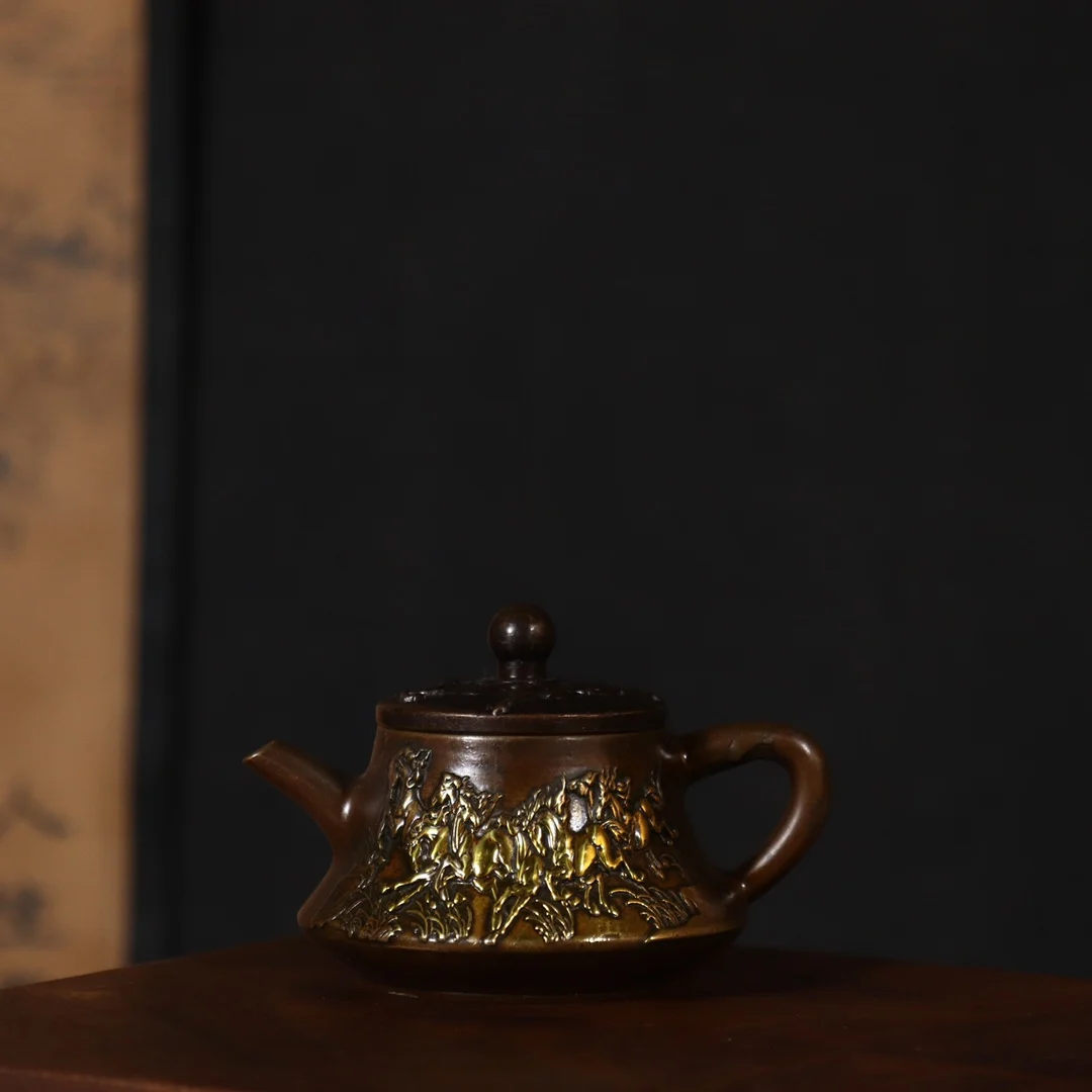 All copper Eight Jun teapot with gilded craftsmanship, compact and exquisite tea table decoration, antique collection