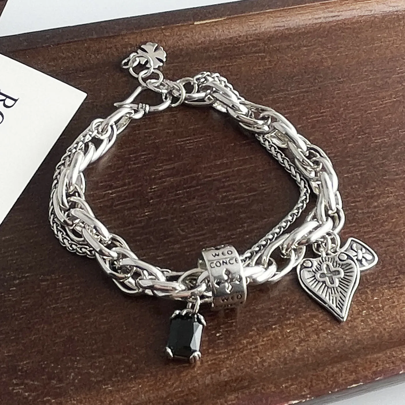 100% Solid 925 Sterling Silver Retro Bracelet for Women Men Vintage Handmade Heart Tassel Bracelet Birthday Gift