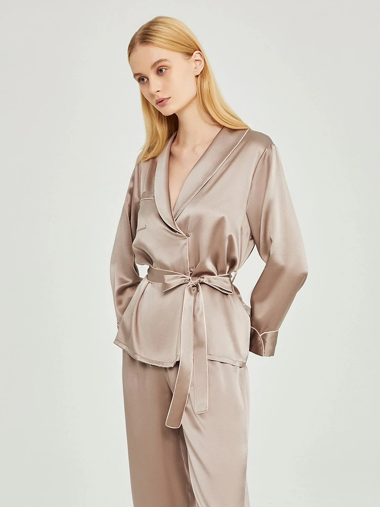 19MM 100% Mulberry Silk Kimono Pajamas Set Spring Autumn Long Sleeves Lace Up Pyjamas Women Elegant Kimono and Trousers Homewear