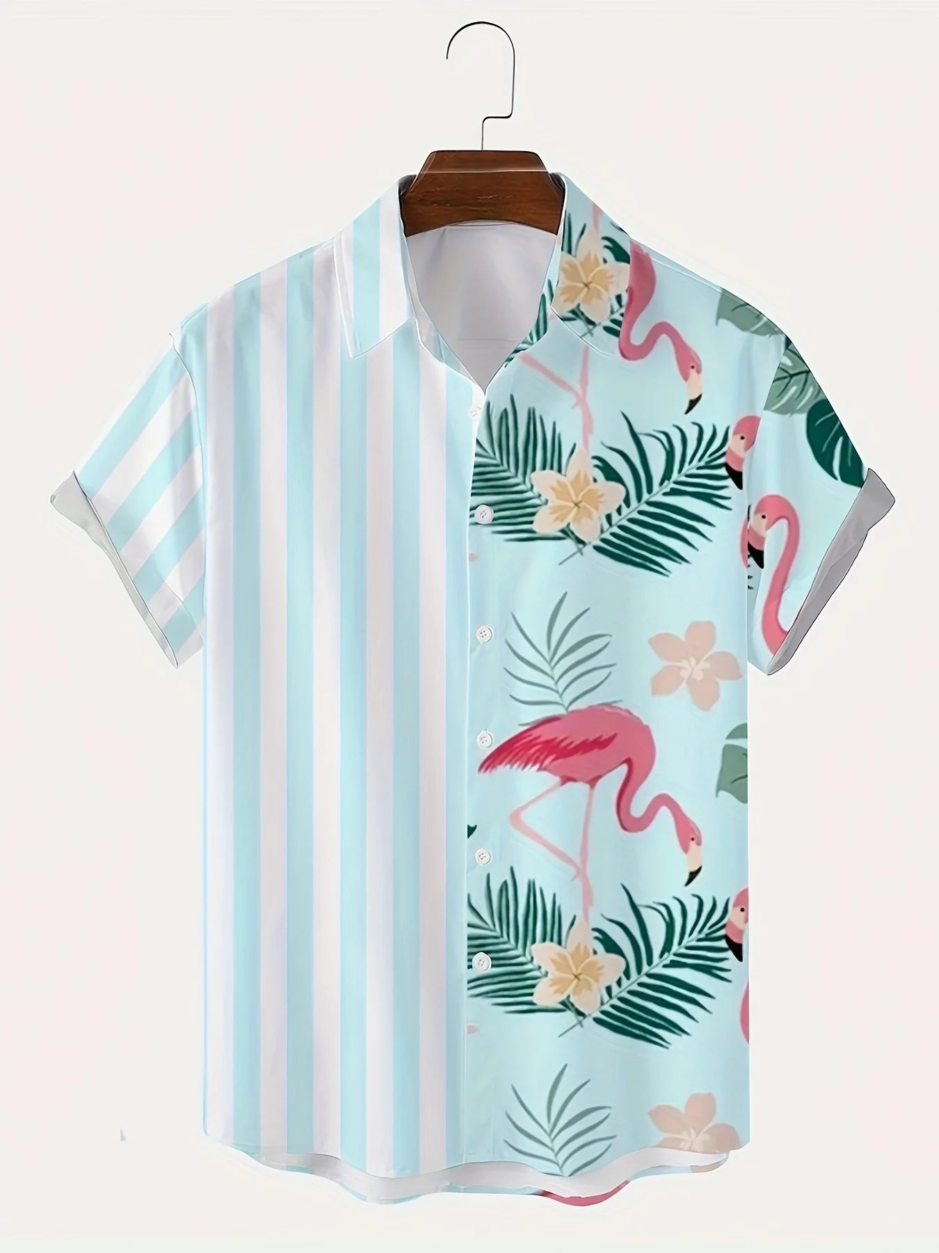 Fashion Flamingo Stripe Pattern Shirt High Stretch Short Sleeve Shirt Men\'s Hawaiian Shirt Summer Vacation Casual Street Shirt