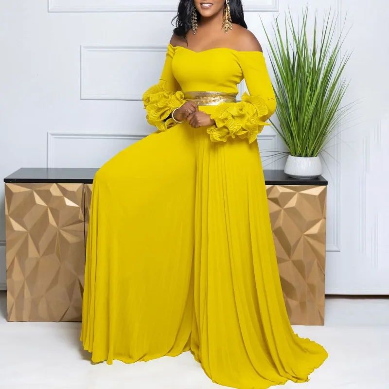 

Elegant Pleated Jumpsuit 2025 New Fashionable One-piece Collar Ruffled Sleeves Solid Color Pleated Wide Leg African Jumpsuit