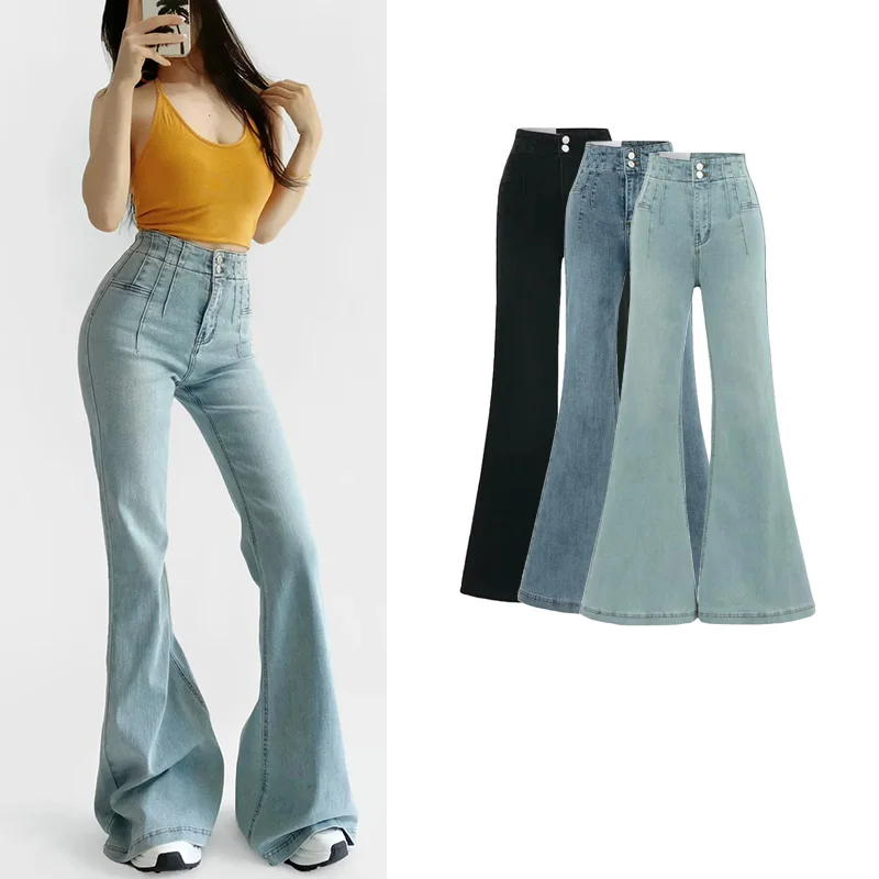 

Новое поступление весны и лета, женские джинсы в стиле ретро с эффектом талии, подтягивающие ягодицы, длинные джинсы-колокольчики для похудения, повседневные джинсы с высокой талией на молнии