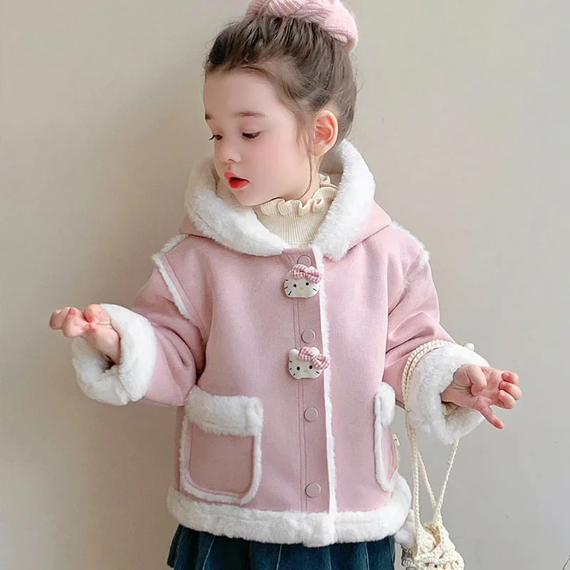

Girls' Winter Plush Hooded Coats New Cartoon Hello Kitty Pink Sweet Cute Long Sleeve Tops Pockets Kids' Thicken Warm Jacket
