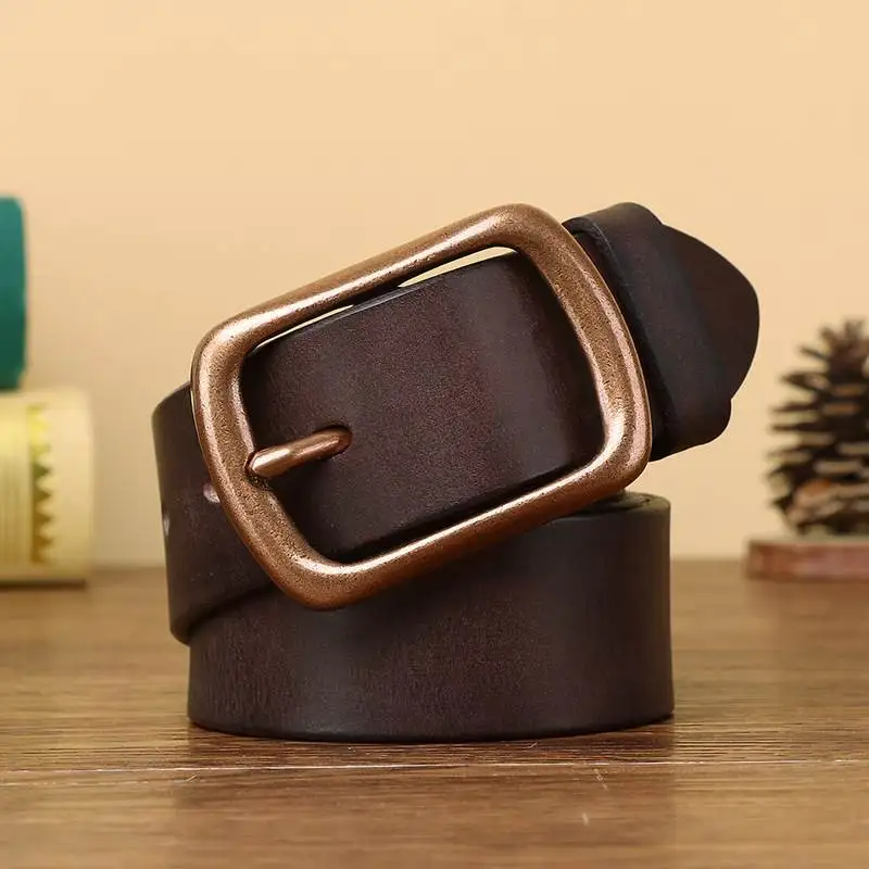 Belt men's leather pin buckle youth casual middle-aged belt men's tide first layer cowhide purple copper buckle retro handmade