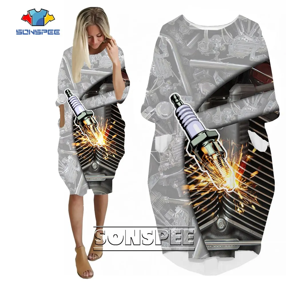 

SONSPEE Punk Retro Mechanical 3D Printed Dress Long Sleeve Heavy Metal Pockets Skirt Female Loose Fashion Boxer Engine Robe