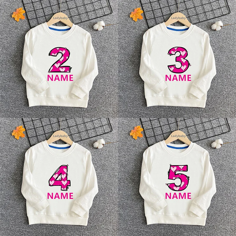 Pink Heart Cute Girls Sweatshirts 1 2 3 4 5 6 7 8 9 Years Birthday Customize Name Kids Hoodies Baby Pullover Tops Clothes Gift