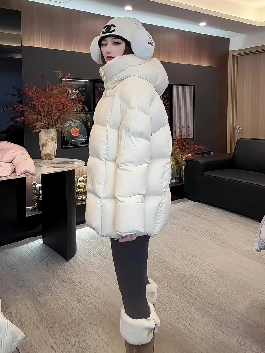 한국 슬레 클라우드 퍼프 화이트 듀 다운 자켓 여성용 겨울 코트 롱 루즈핏 후드 따뜻한 개성있는 아우터웨어