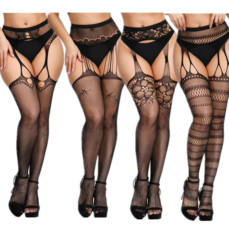 Damen Punk Lolita aushöhlen Netzstrümpfe Sexy Oberschenkelhohe Nylonstrumpfhose Ouvert Strumpfwaren für Mädchen Damen