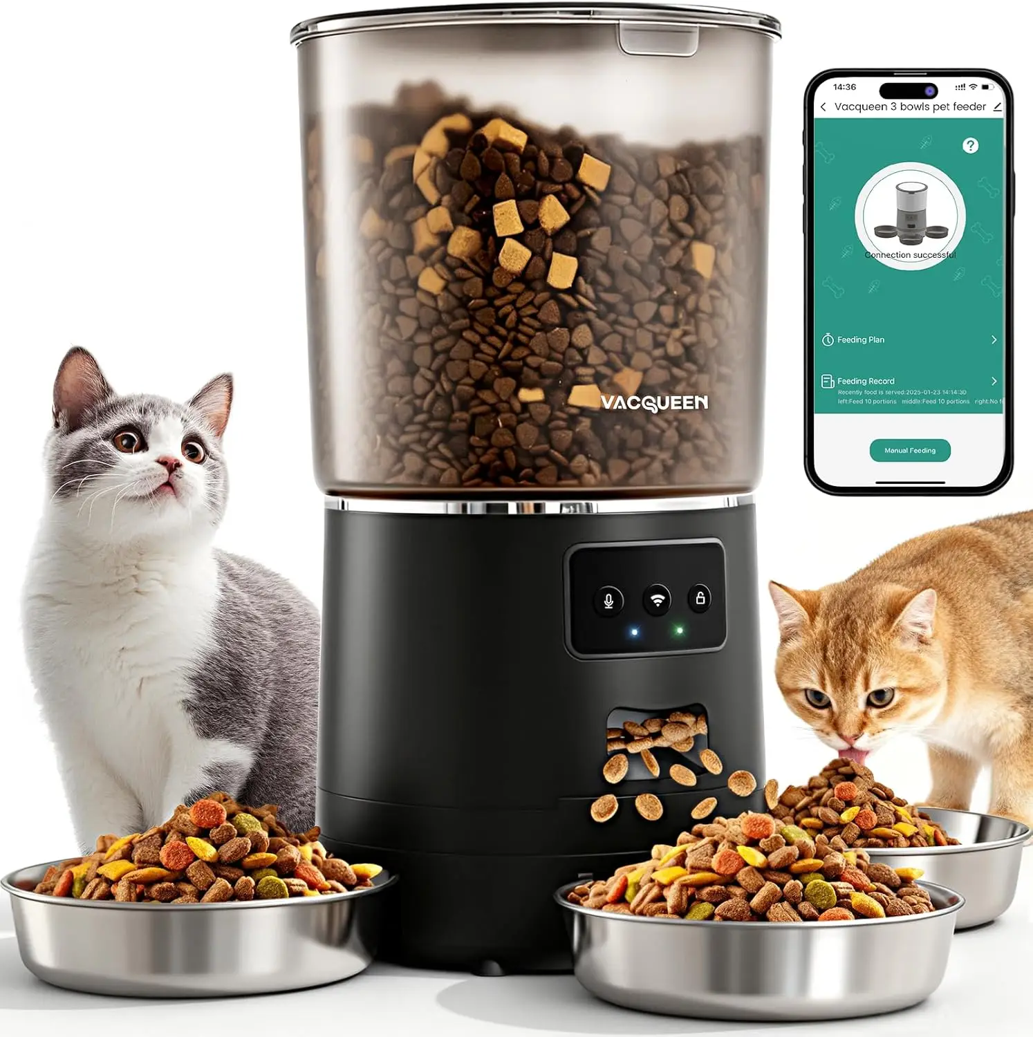 

Smart WiFi Automatic Cat Feeder for Multiple Pets, 6L Capacity with Anti-Jam System and Voice Recorder