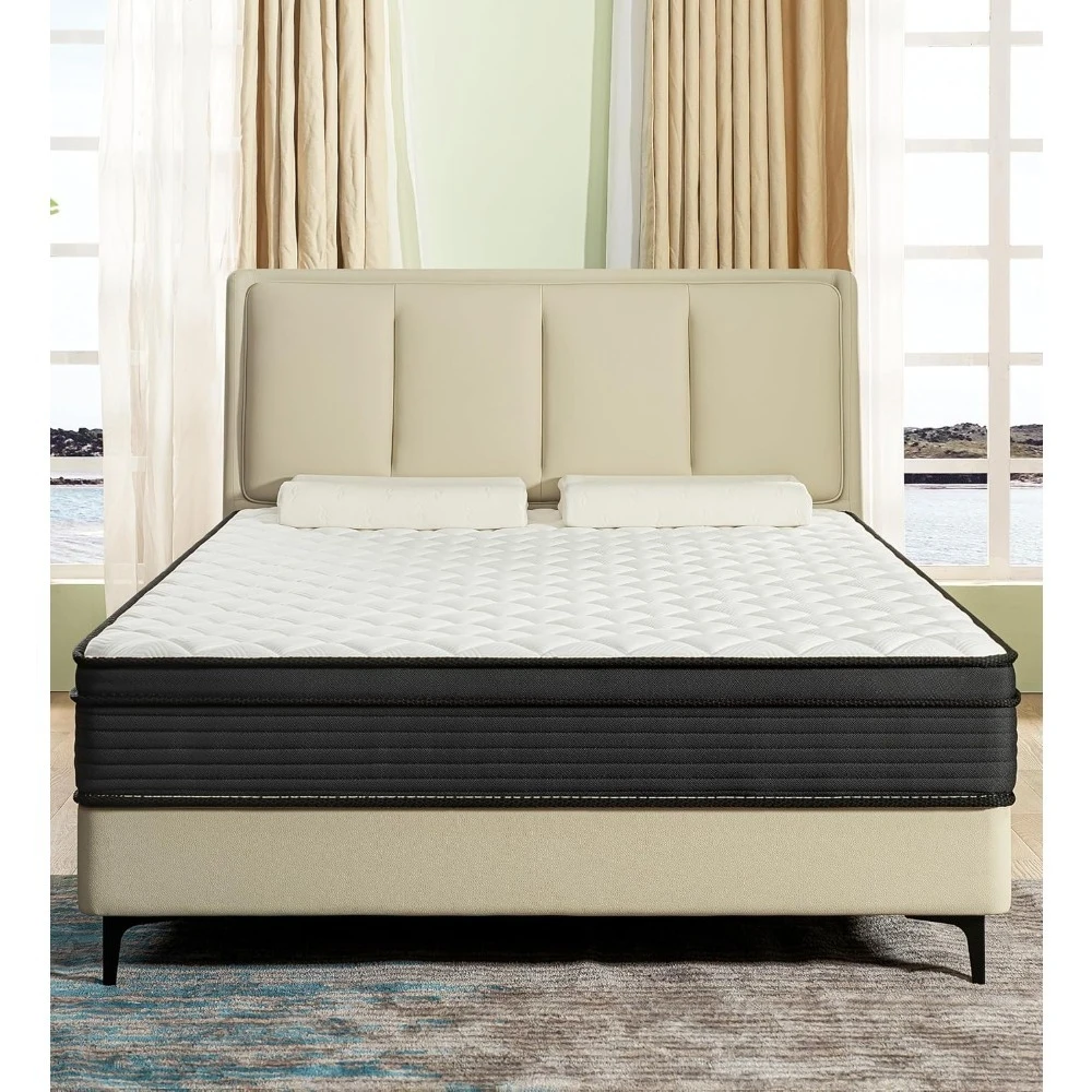 

Mattress 12 Inch Queen Size Memory Foam And Pocket Springs Hybrid Mattress In A Box, Stress Relief And Cooling, Black & White Me