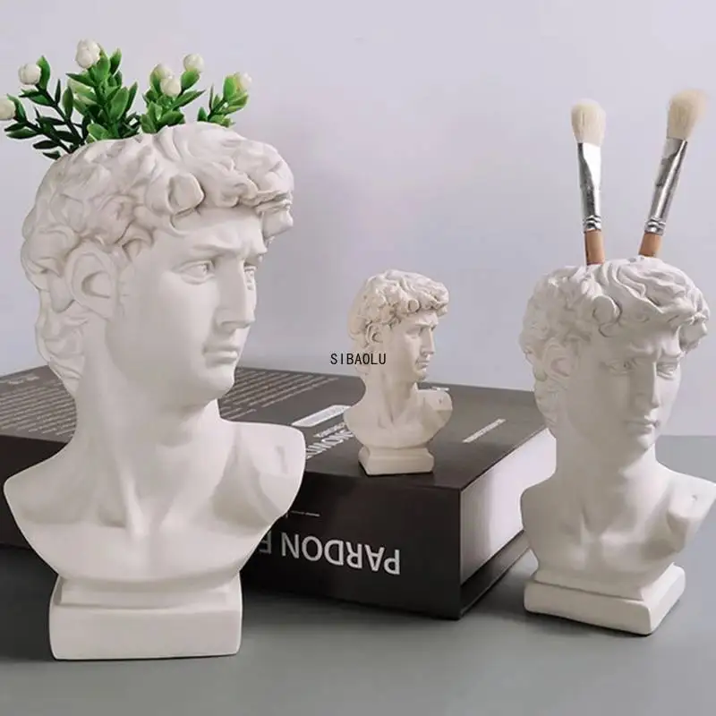 16cm Creative Pen Holder David Portrait Human Head Vase Makeup Brush Storage Box Flower Pot Home  Decoration Resin Crafts