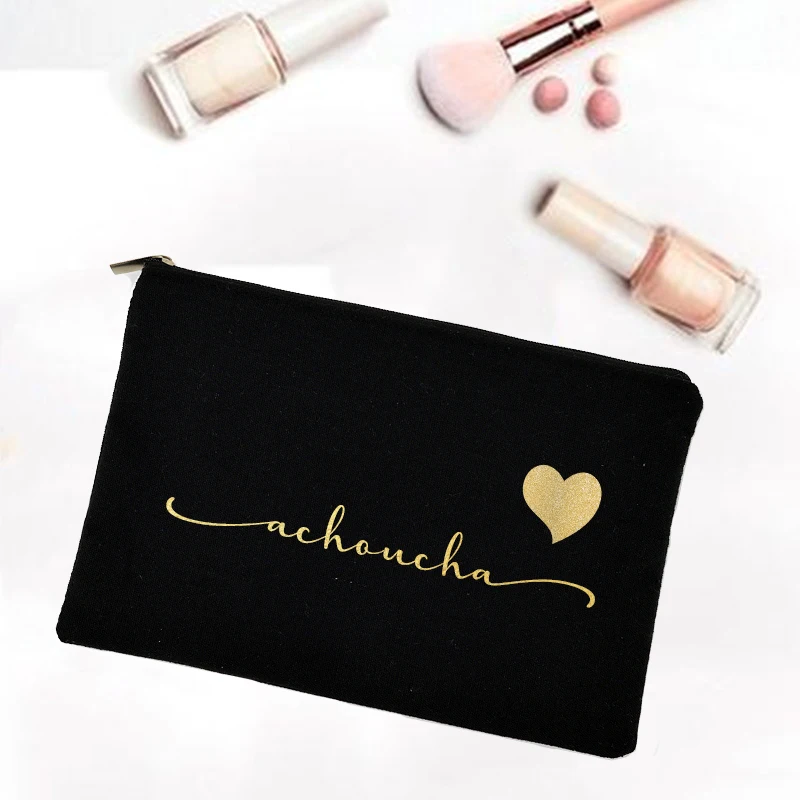 Personalized Makeup Bag Custom Name Canvas Cosmetic Case Wedding Bachelorette Party Gifts Bridesmaid Gold Letter Print Holiday