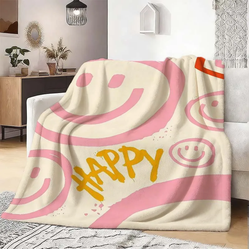 1pc Yellow HAPPY Joyful Face Fusion Printed Flannel Blanket, Lightweight and Easy to Hang, Wrinkle-resistant and Durable, Stays