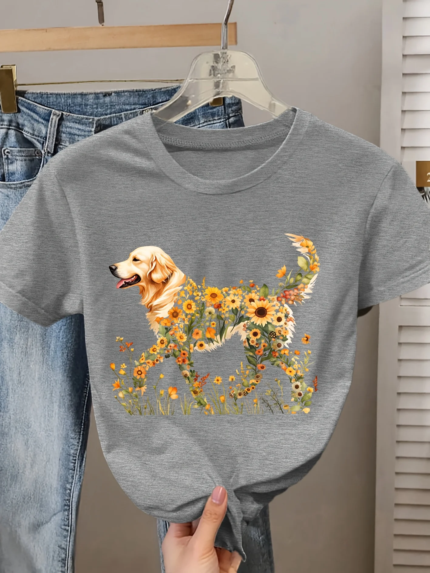 Ladies' Elegant Short sleeved Sunflower Flower Golden Retriever Dog Printed Round Neck T-shirt for Vacation Daily Casual Top