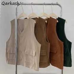 Vests Women V-neck Corduroy Leisure Old Money Style BF Baggy Students Spring Autumn Outerwear Ulzzang Harajuku Vintage All-match