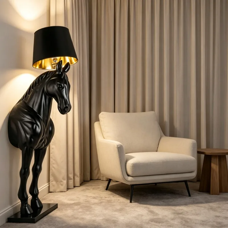 Nordic Black Horse Sculpture Floor Lamp with Gold Inner Shade Modern Art Decor for Living Room Hotel Lobby Villa Home Decoration