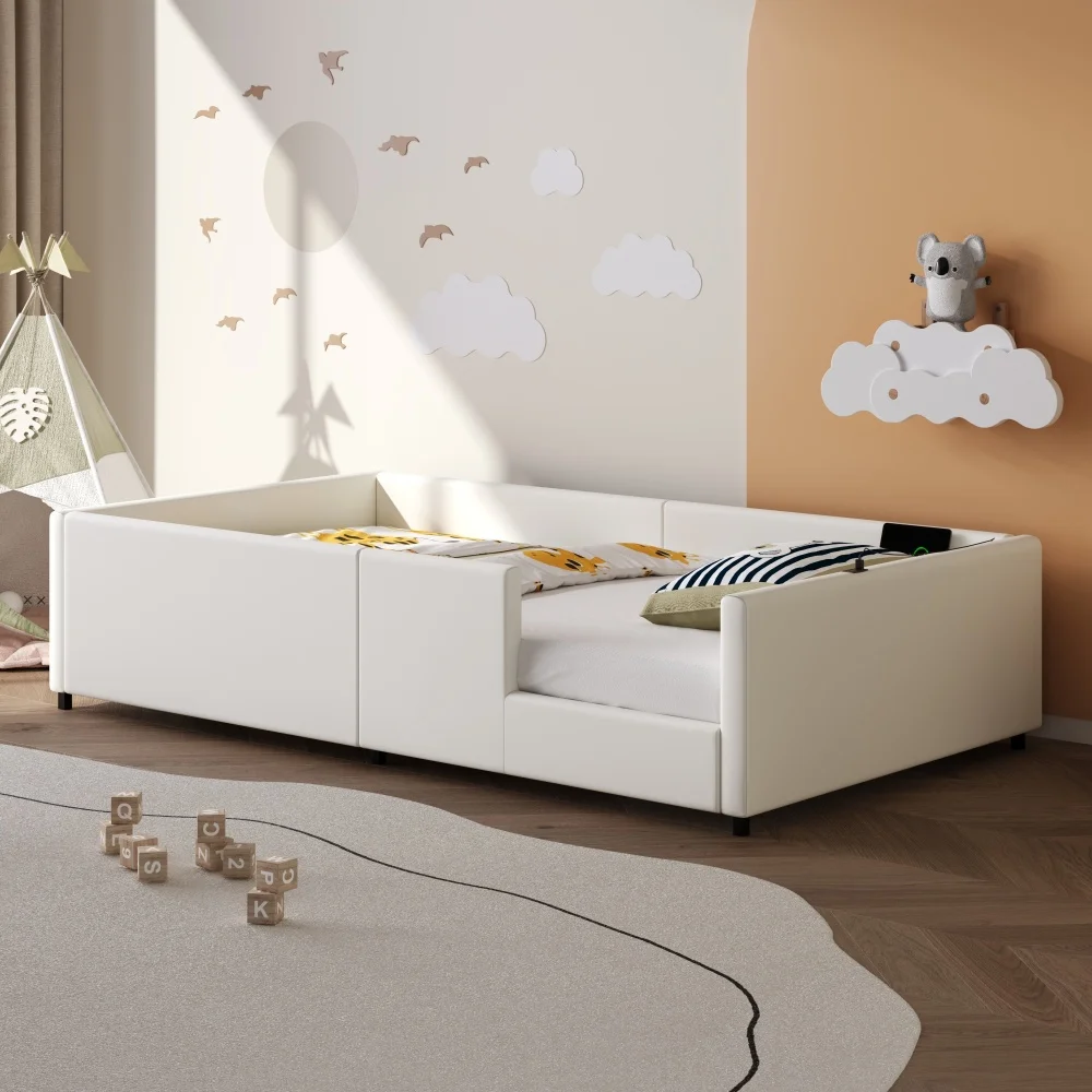 Letto moderno con piattaforma imbottita 90X200 cm con guardrail e stazione di ricarica, ringhiera imbottita, struttura stabile, per camera da letto, bianco