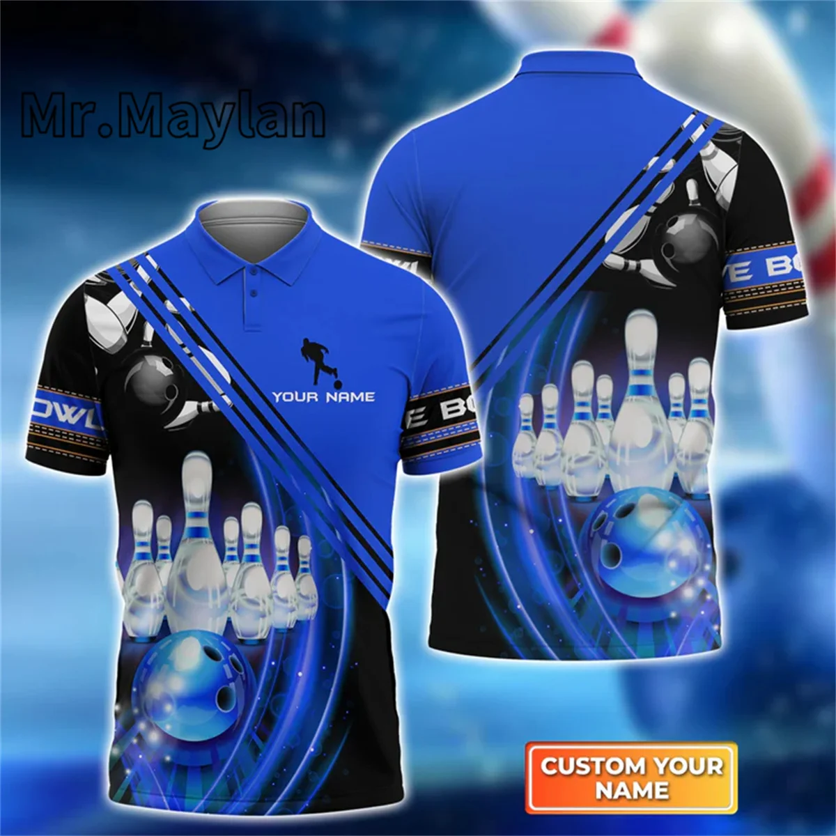 Customized Black Gray Blue Bowling Ball Skull 3D Print Polo Shirt Custom Name Team Shirts Men's Gift For Bowling Lover Tops D-55