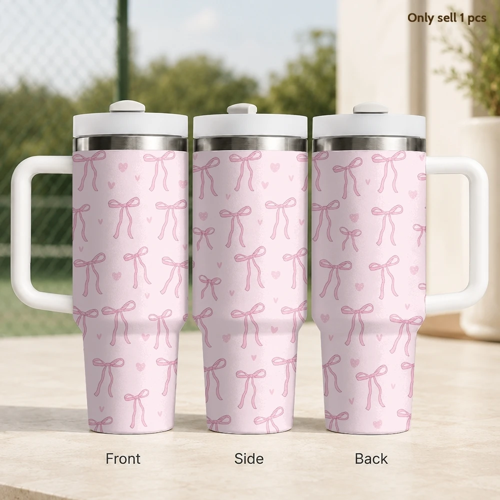 Pastel Bow Heart Prints Vacuum Flasks 40oz Stainless Steel Insulated Tumbler With Handle & Straw Leakproof Travel Mug