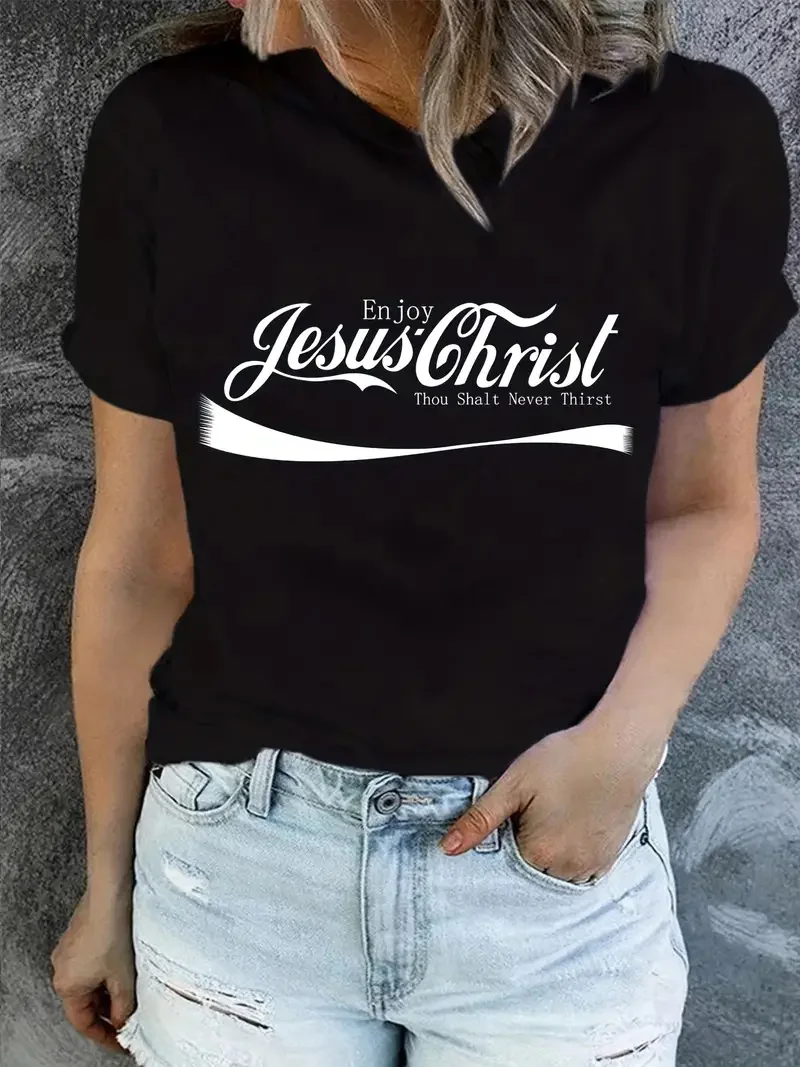 Jesus Print T-Shirt, Short Sleeve Crew Neck Casual Top For Summer & Spring, Women\'s Clothing