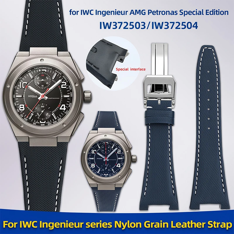Woven Nylon Leather Bottom Watchband for IWC Engineer AMG Petronas IW372503/IW372504 series 28*15mm Notched Cowhide Watch Strap