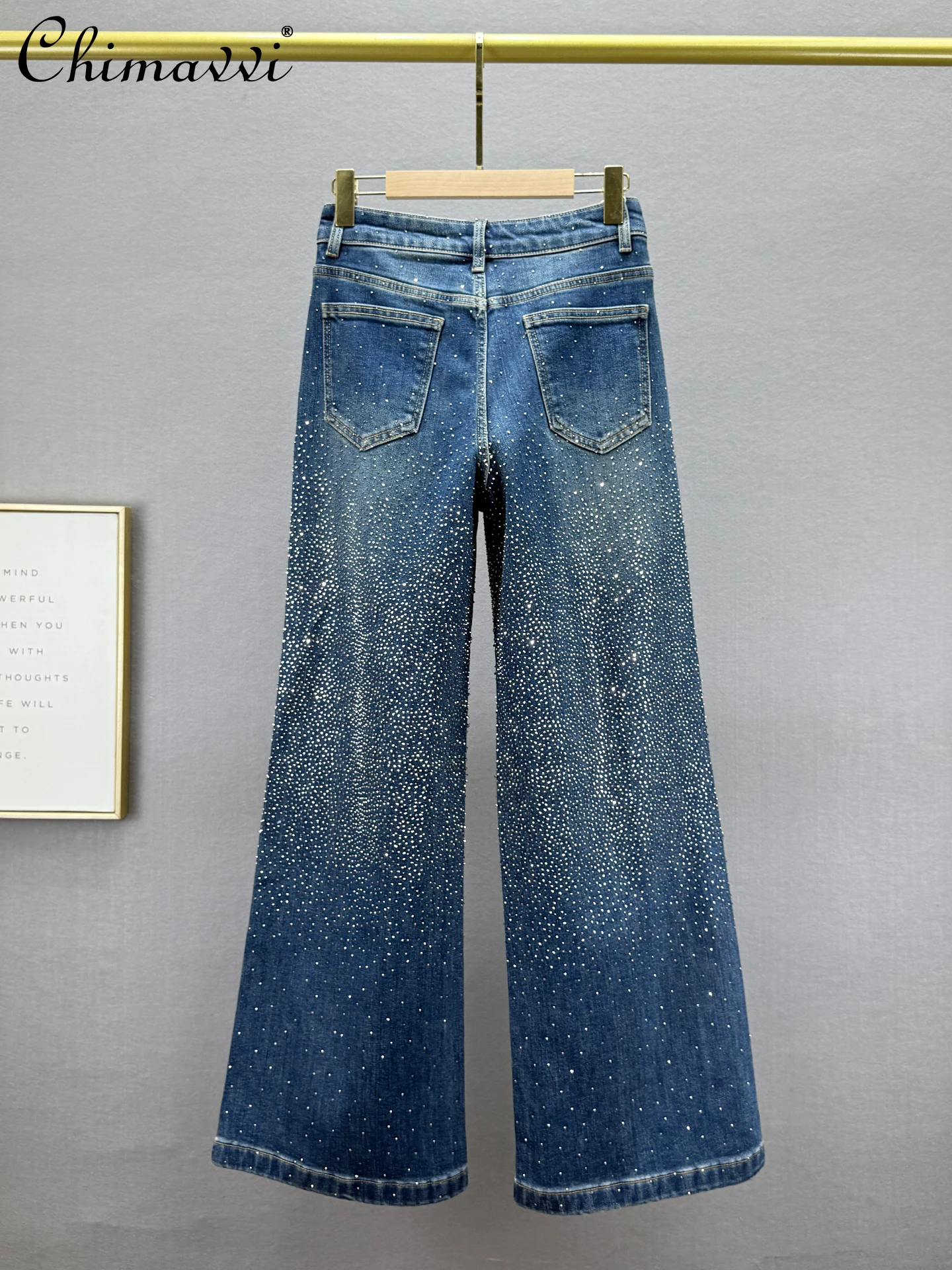 Pantalones vaqueros con forro polar para mujer, nueva moda de invierno, cintura alta, ajustados, estilo europeo, cielo estrellado, diamantes de imitación, pierna ancha, hasta el suelo