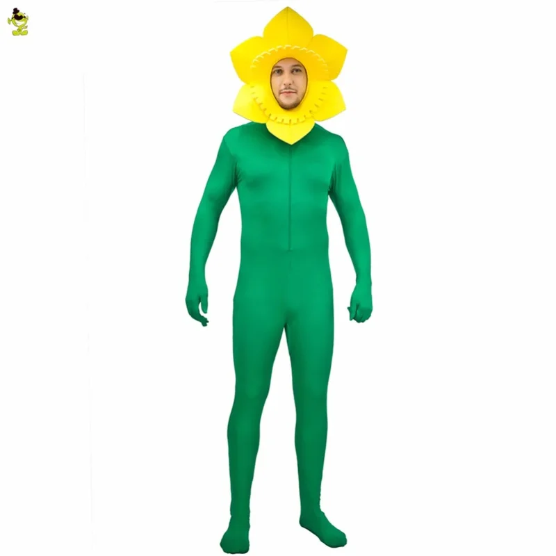 Sunflower Costume  Adult Men Fancy Dress With Yellow and Green Flower Costume Jumpsuit Funny Role Play  Party OI4702