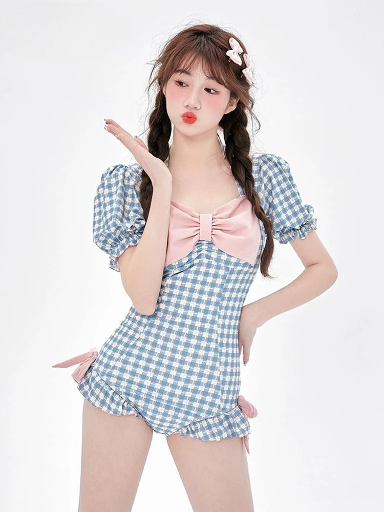 Dames Cover-Ups Eendelige Badkleding Sweet Plaid Strik Japanse Stijlstudenten Meisjesachtige Leeftijdsverlagende Vakantie Ins Zwembad Conservatief