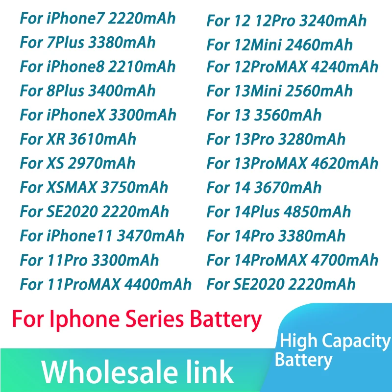 50pcs/lot wholesale Rechargeable Battery CellHigh Capacity Bateria Replacement for iPhone 14 13 12 11XS Max Battery Replacement