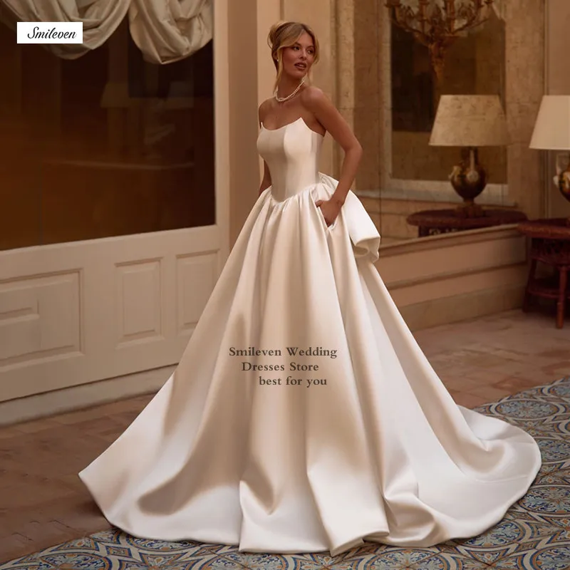 Smileven เจียมเนื้อเจียมตัว Strly ชุดแต่งงาน Ball Gowns ซาตินชุดเจ้าสาว Vestido de novia กระเป๋า Gowns แต่งงานที่กําหนดเอง