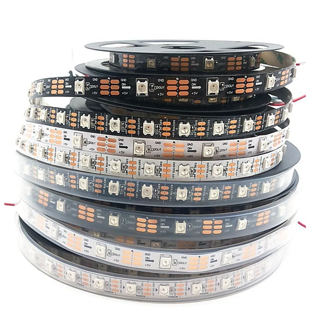 Smart RGB Pixel LED Strip, PCB preto e branco, DC 5V, 30 60 144 LEDs, 1m, 5m, WS2812B, IP30, IP67, DC5V