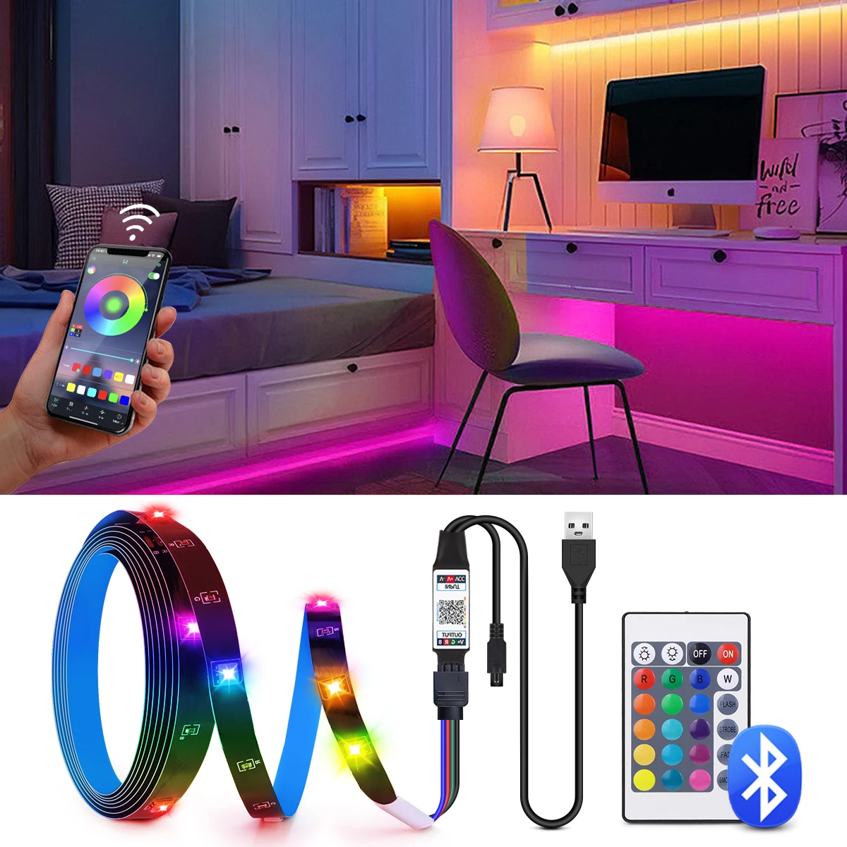 5V USB RGB LED Strip Lights With Bluetooth Control /Remote Control Music Sync For Halloween Christmas Festival Party Decoration