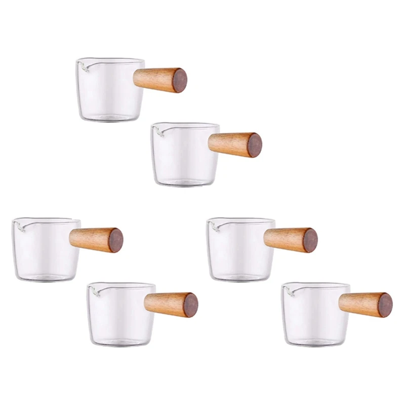 6PCS Transparent Glass Creamer With Wooden Handle, Mini Coffee Milk Creamer Pitcher. 100Ml