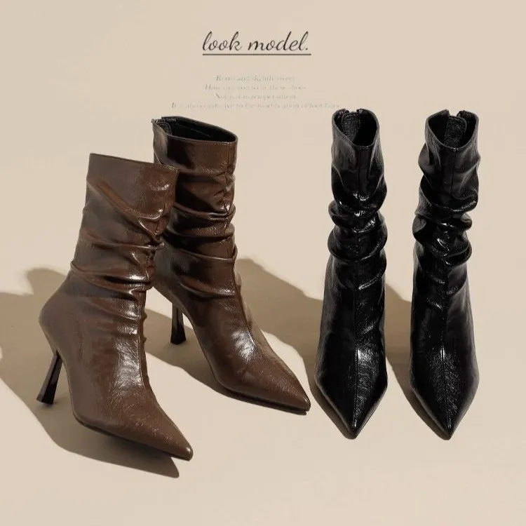 أحذية نسائية قصيرة مدببة جديدة متوسطة الحجم ذات ثنيات وتصميم متخصص وأحذية رفيعة بكعب عالٍ #6