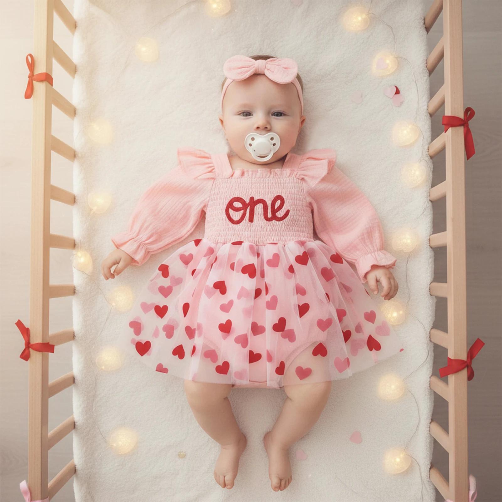 Spring Valentine’s Day Infant Newborn Girl Outfit Long Sleeve Heart A-line Bodysuit Dress Bowknot Headband Clothes