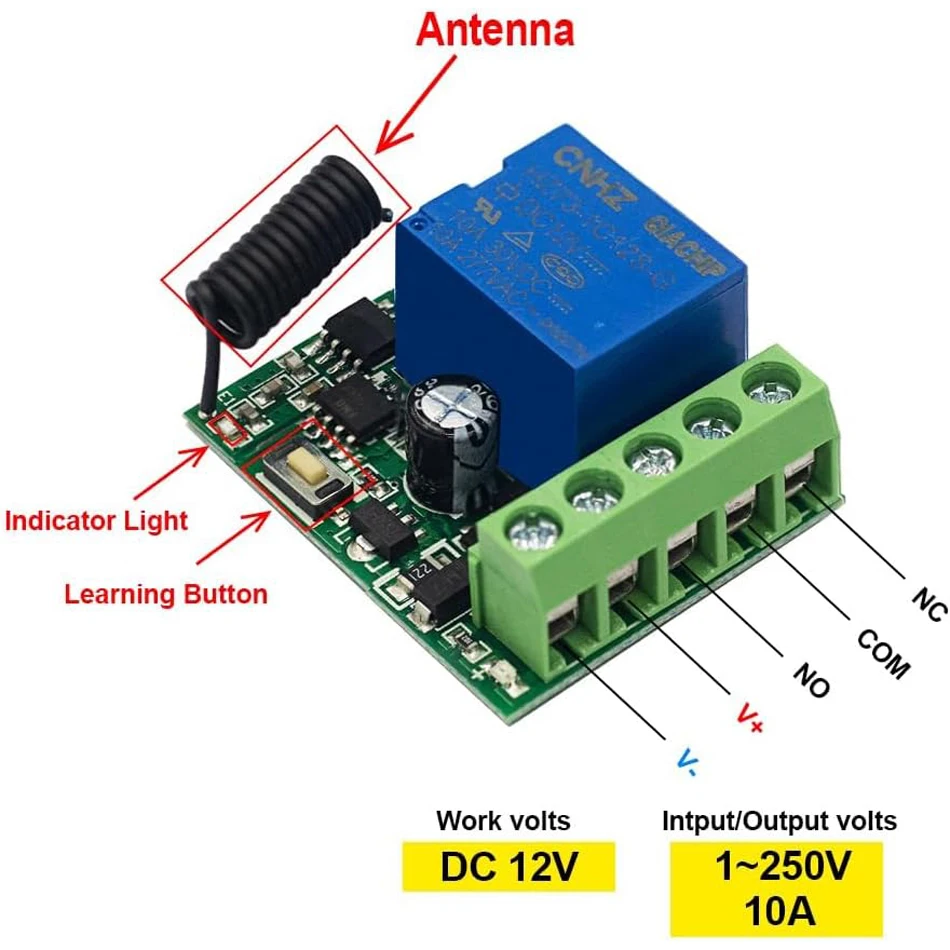 433Mhz Universal Wireless Remote Control Switch DC 12V 1CH Relay Receiver Module RF Transmitter Momentary Toggle Latch for Gate