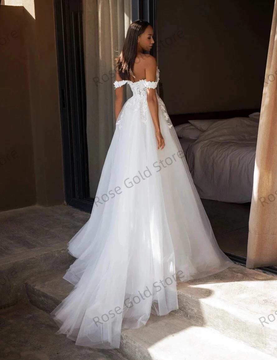 Boho A Line Wedding Dresses for Bride Off Shoulder 3D Flower Lace Applique Robes Tulle Side Slit Customized Vestidos de Soriee