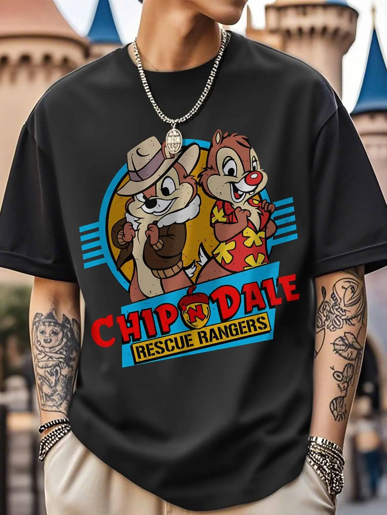 Disney Chip & Dale T-shirt en coton imprimé créatif 2026 été nouvelle rue Hip Hop à la mode décontracté ample Y2K haut pour hommes et femmes