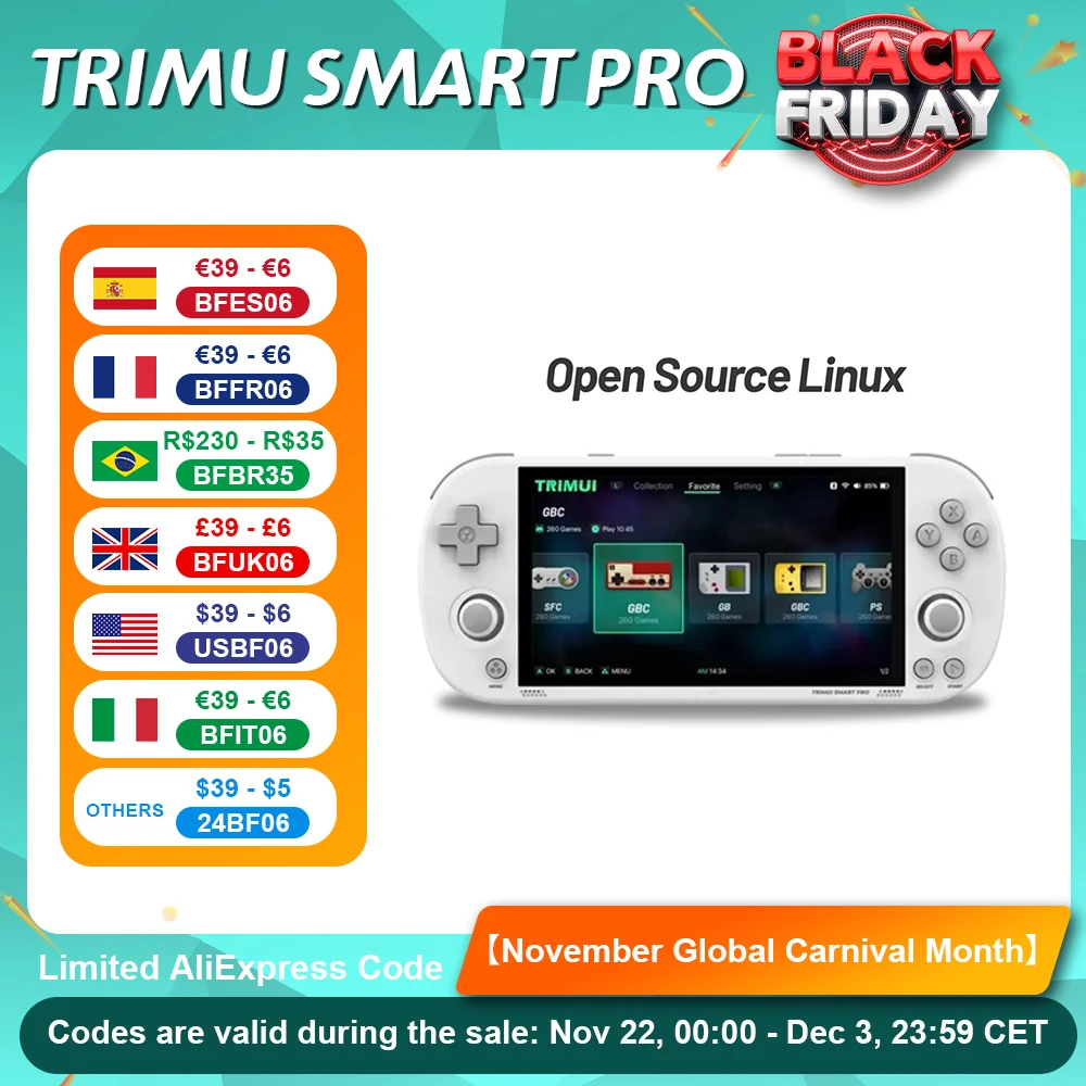 คอนโซลวิดีโอเกมย้อนยุค Trimui Smart Pro เกมมือถือ 4.96 ''IPS หน้าจอ Linux ระบบจอยสติ๊ก RGB Smartpro 2024 ใหม่