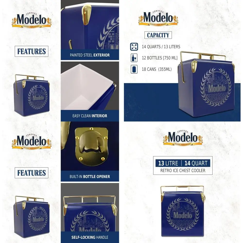 

Кулер для льда Modelo Retro с открывалкой для бутылок, 13 л (14 квартов), 18 банок, синий и золотой, ведро для льда в винтажном стиле для Campi