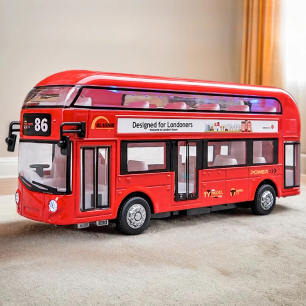 1:36 Scale Double-decker Bus Diecast Alloy Buses Sound Light Pull Back Doors Opened Voice Miniature Model Christmas Gift for Boy