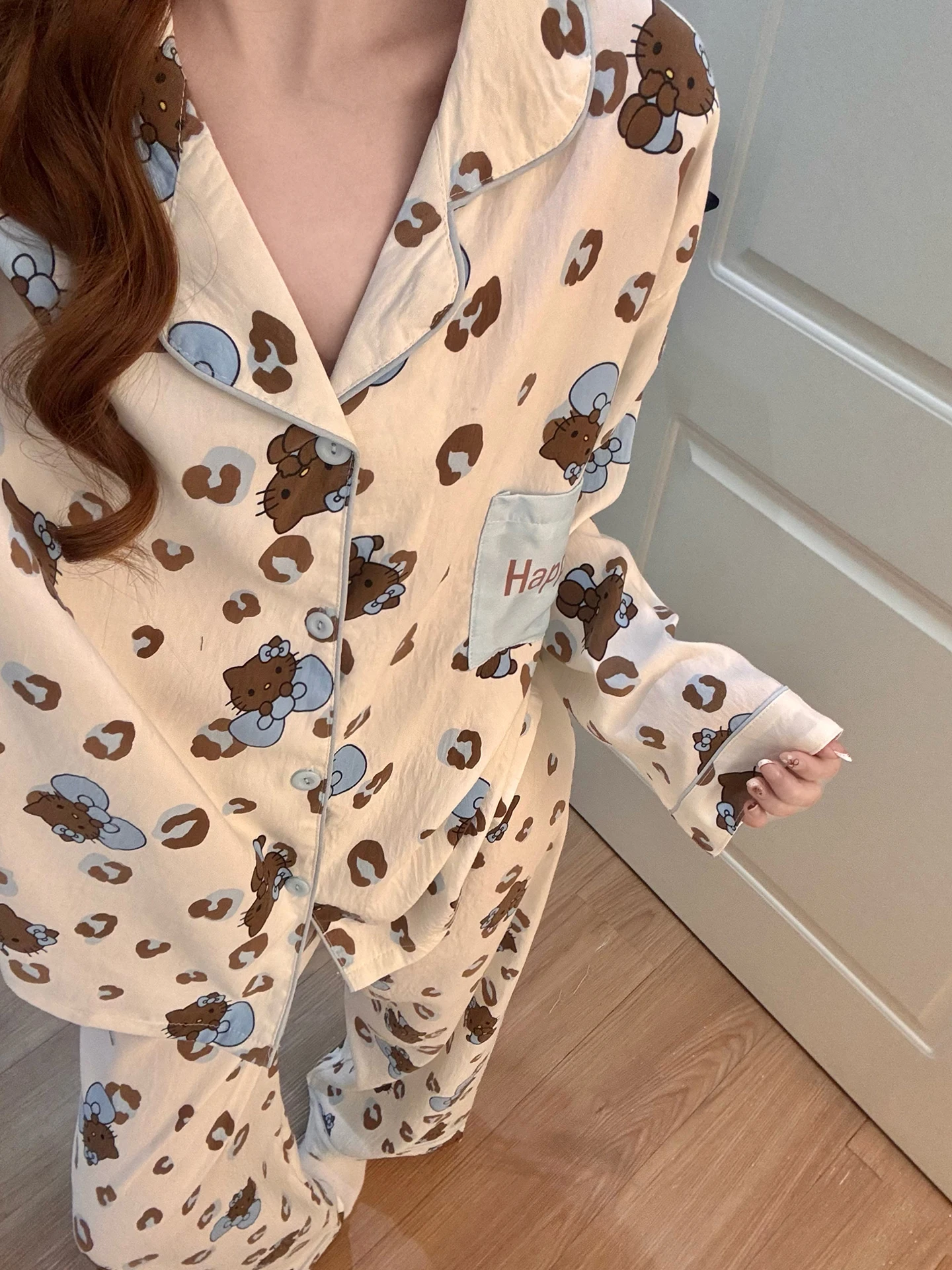 

Очаровательная женская пижама с леопардовым принтом, весна-осень, новый стиль, из 26% облачного хлопка, с длинными рукавами и брюками, комфортная для дома