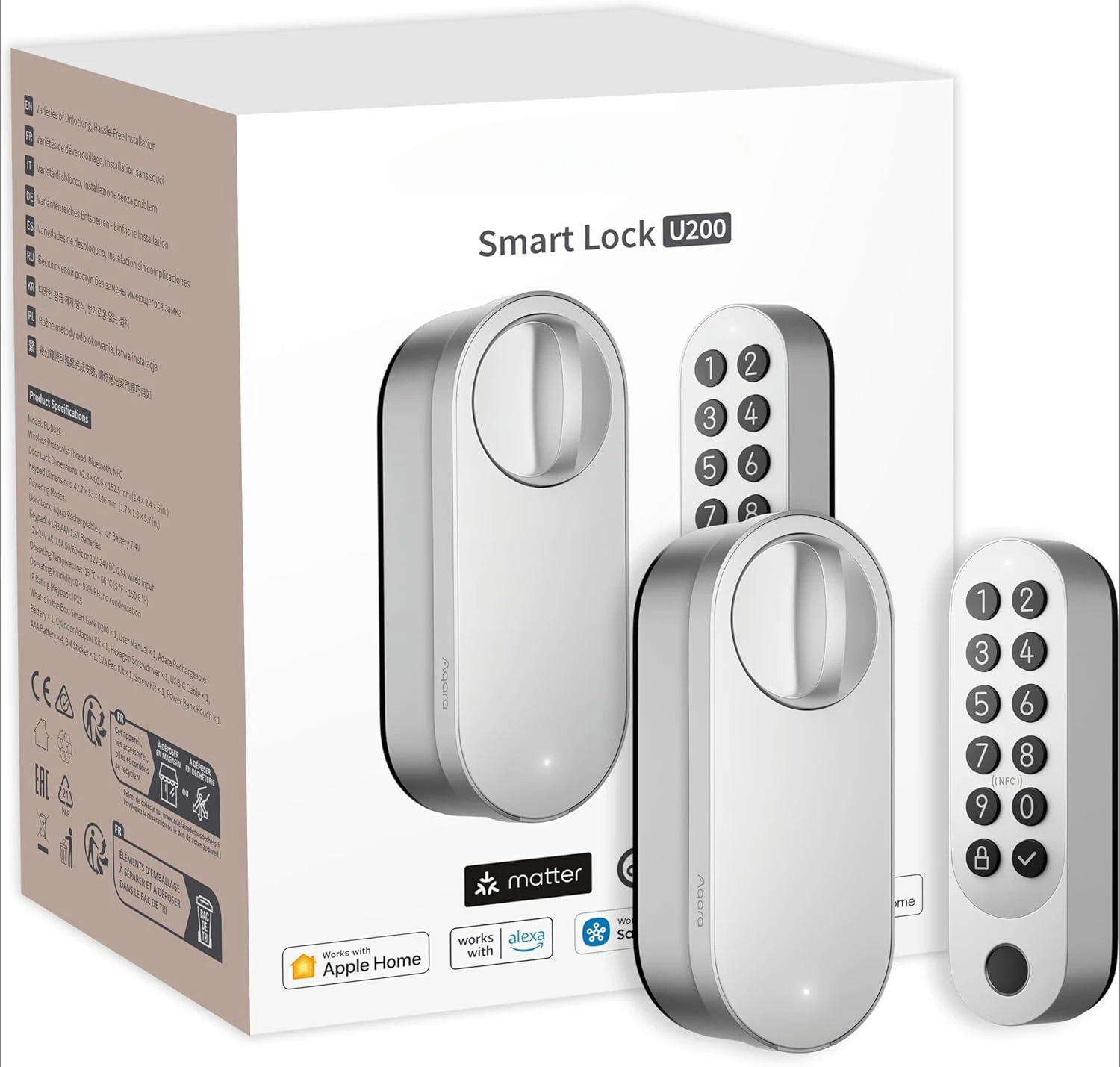 Smart Lock U200 (Fingerprint Keypad Included), Matter Over Thread, Keyless Entry Door Lock with Apple Home Key and Recharg