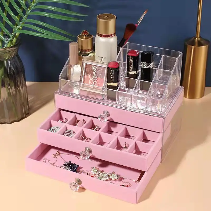 Acrylic Jewelry Organizers Box Earrings Ring Necklace Beige Velvet Storage Case Lipstick Makeup Organizer Display Stand Holder