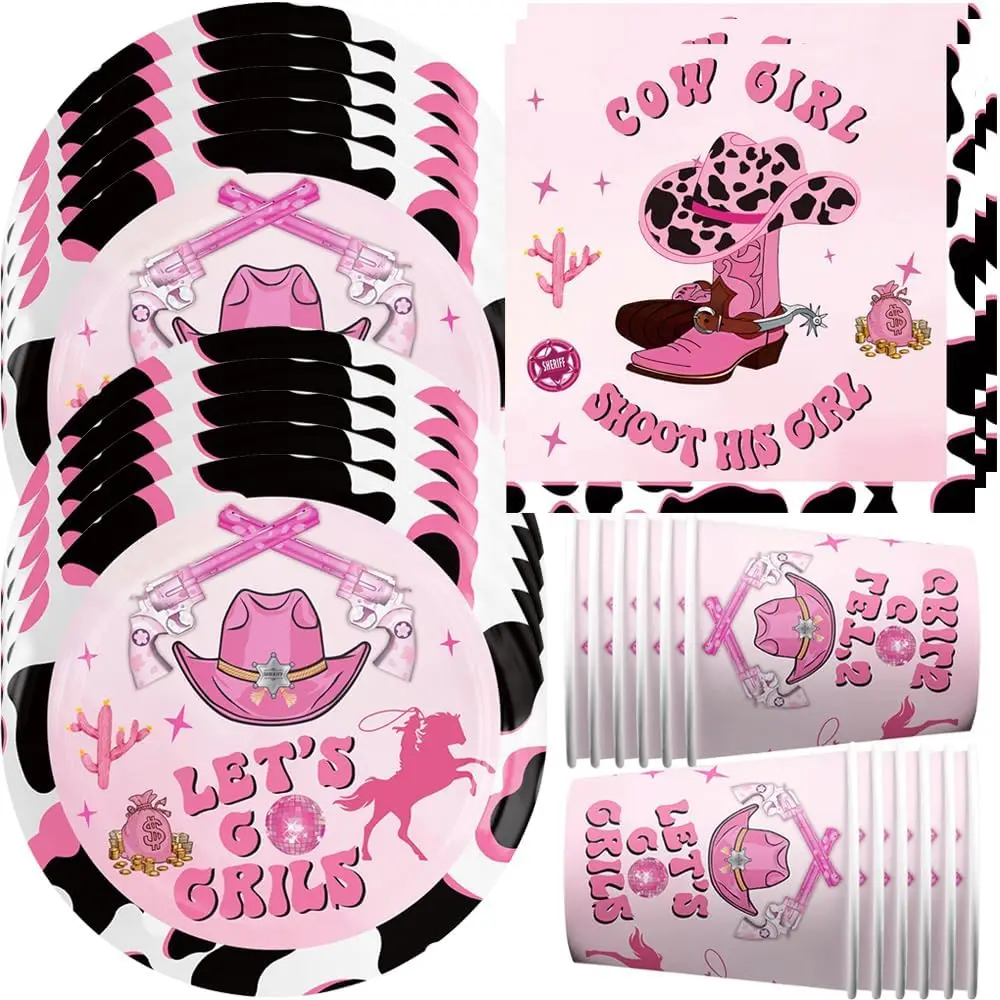 Western Cowboy Birthday Party Decor Disposable Tableware Cup Plate Tablecloth Balloon Dackdrop Pink Cowgirl Them Party Supplies